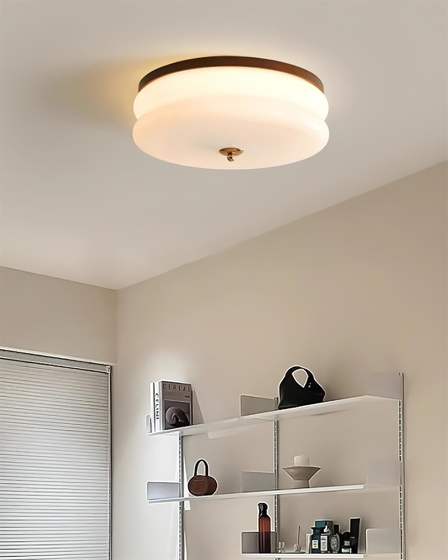 Ceiling Light Double-Layer Glass Disc Walnut Wood Minimalist
