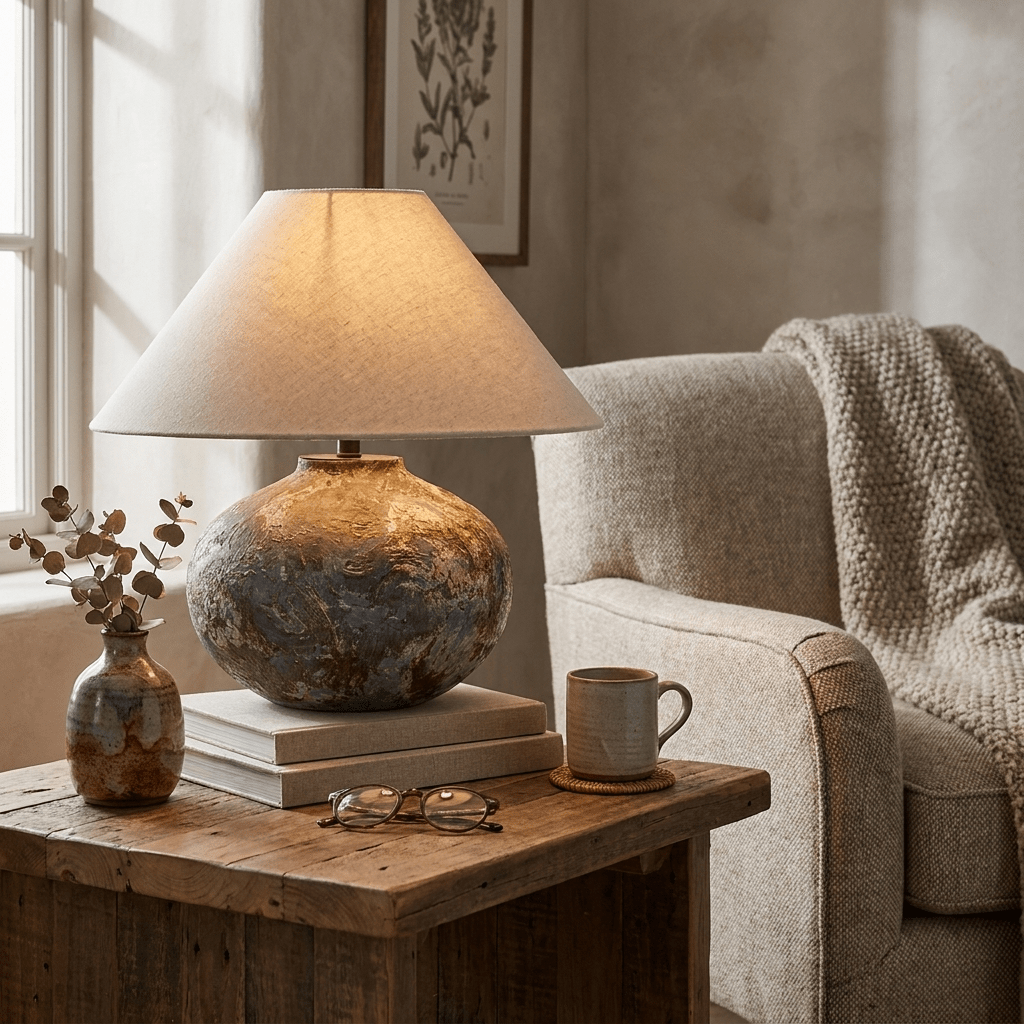 Ruggine Distressed Ceramic Table Lamp-Neutral Decor