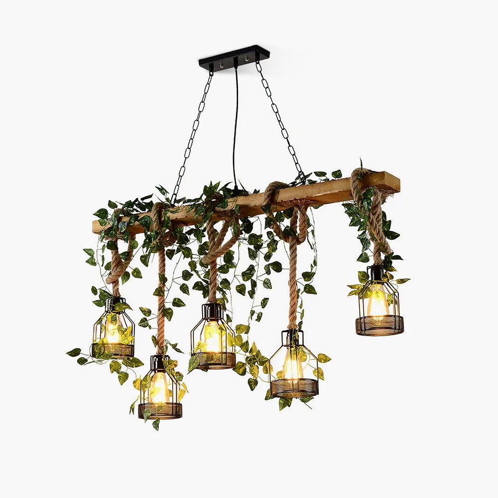 Qyron Chandelier Rustic Wooden Beam Rope Cage Cozy-Neutral Decor