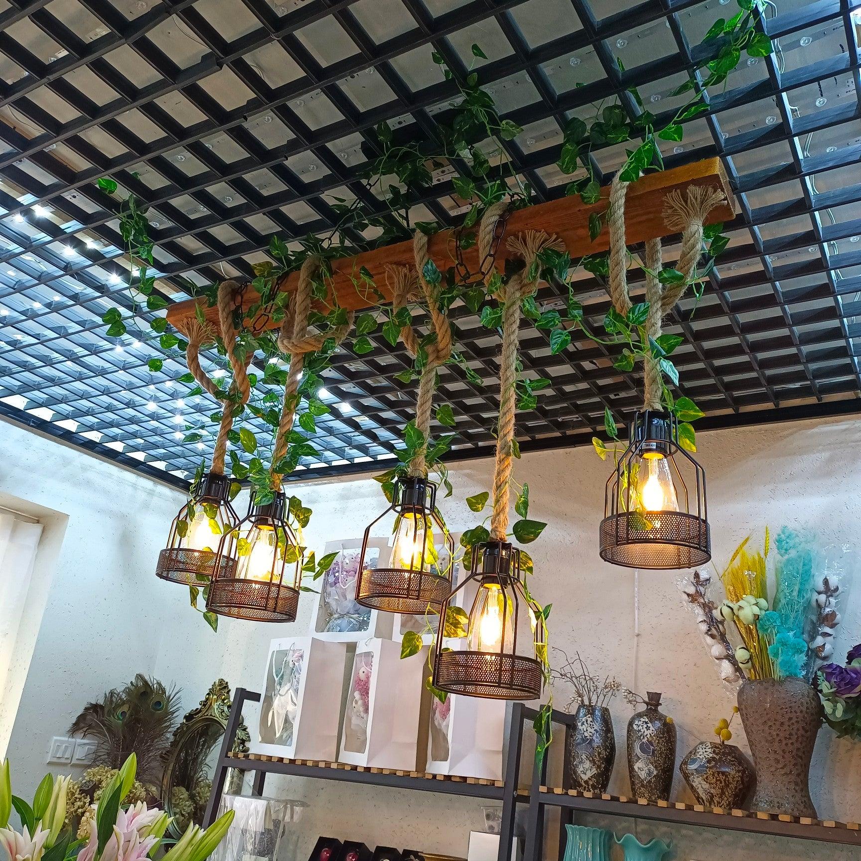 Qyron Chandelier Rustic Wooden Beam Rope Cage Cozy-Neutral Decor