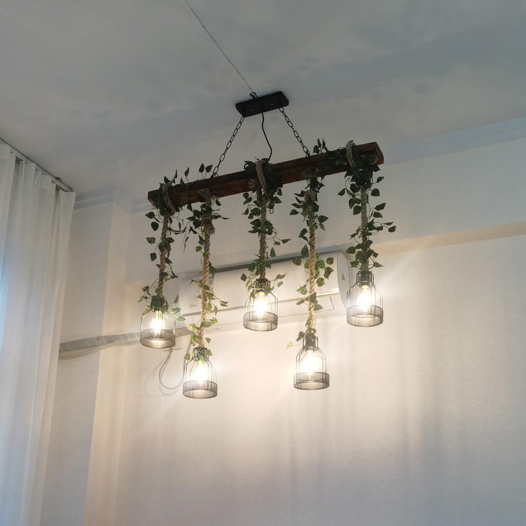Qyron Chandelier Rustic Wooden Beam Rope Cage Cozy-Neutral Decor