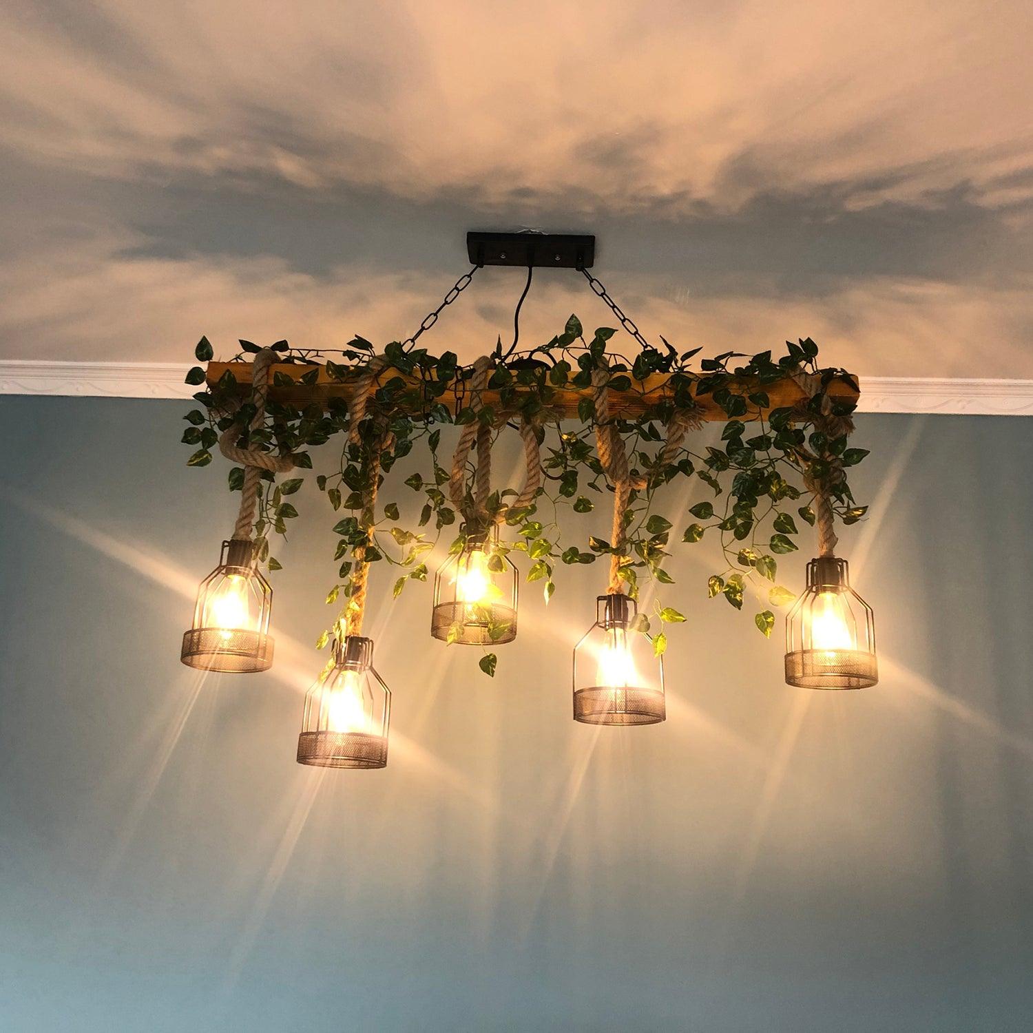 Qyron Chandelier Rustic Wooden Beam Rope Cage Cozy-Neutral Decor