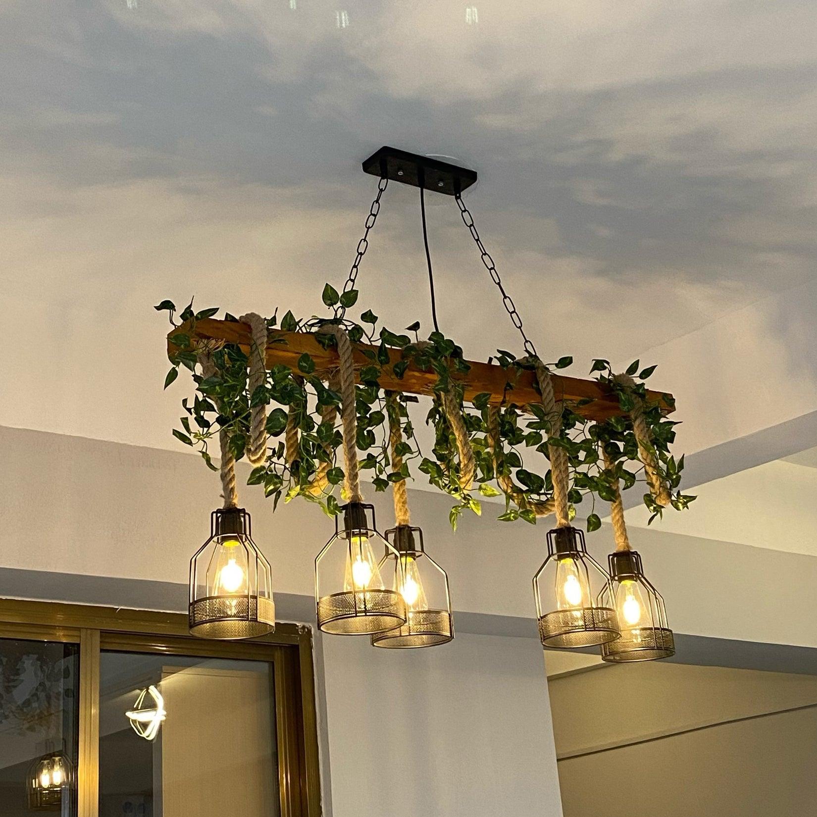 Qyron Chandelier Rustic Wooden Beam Rope Cage Cozy-Neutral Decor
