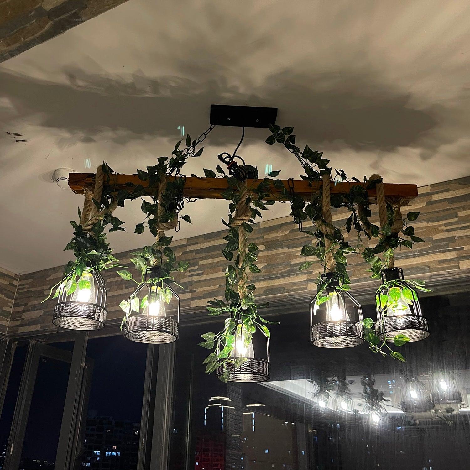 Qyron Chandelier Rustic Wooden Beam Rope Cage Cozy-Neutral Decor