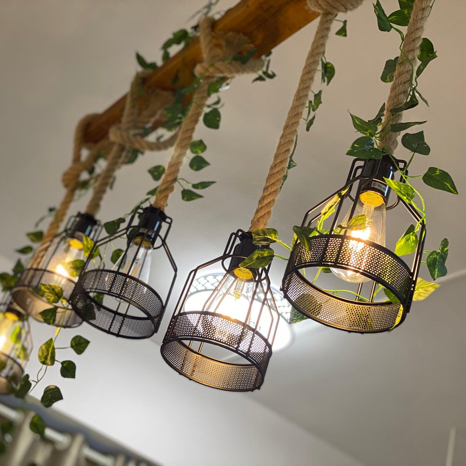 Qyron Chandelier Rustic Wooden Beam Rope Cage Cozy-Neutral Decor