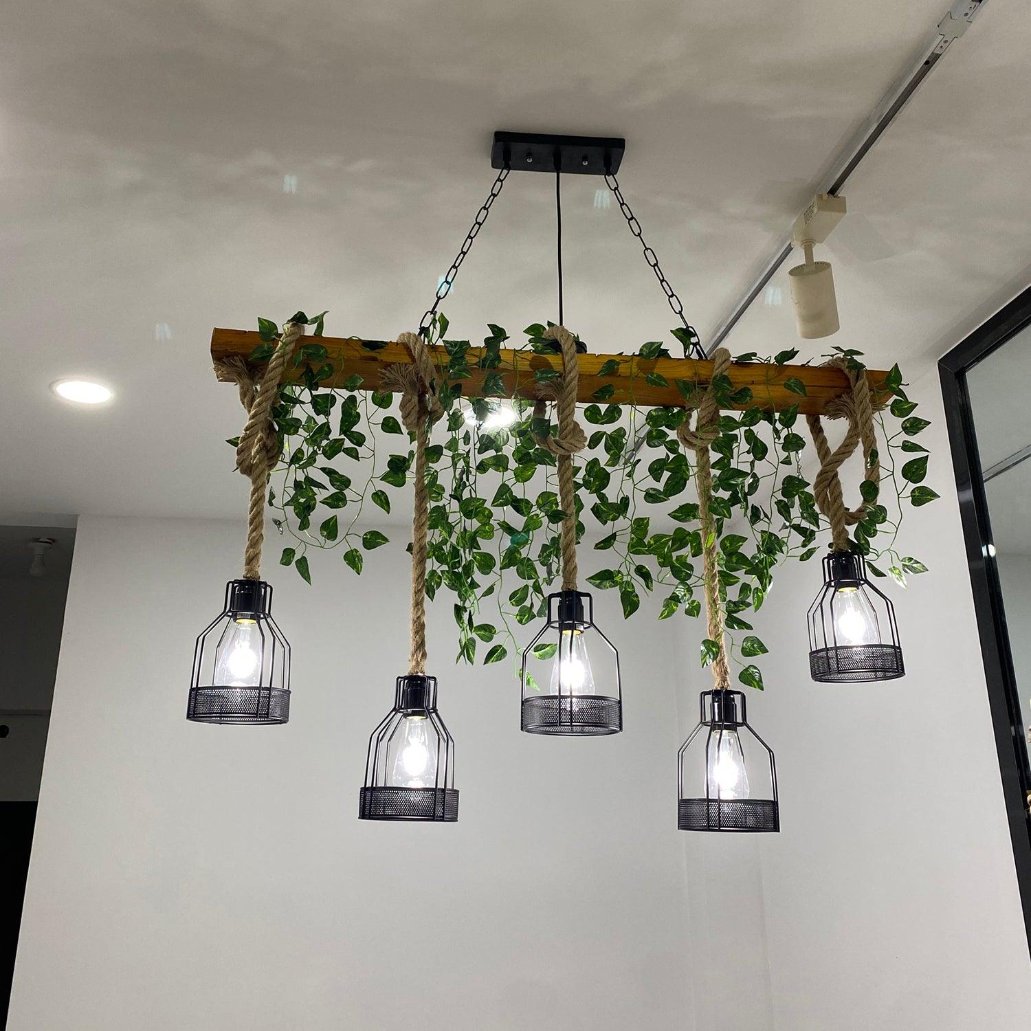 Qyron Chandelier Rustic Wooden Beam Rope Cage Cozy-Neutral Decor