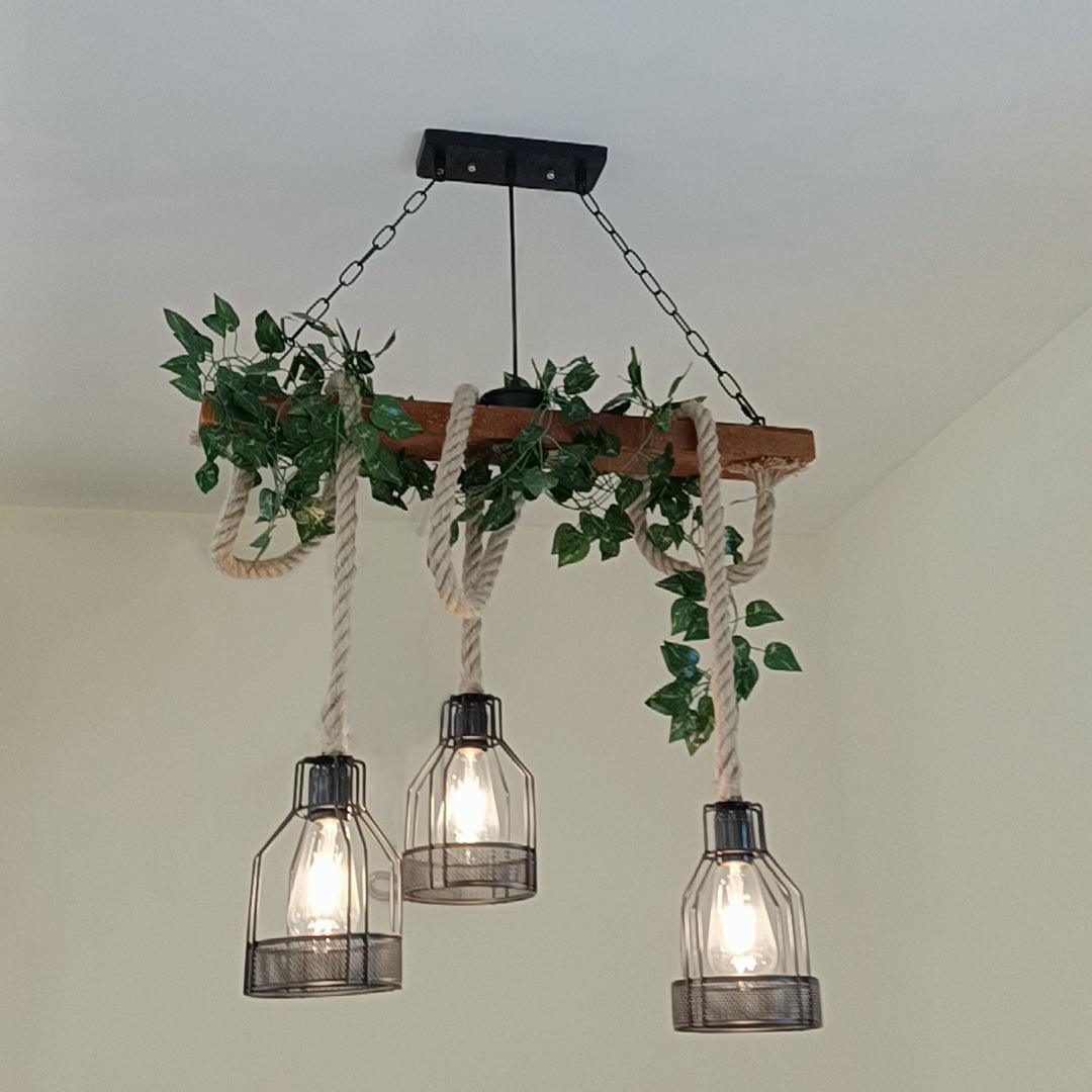Qyron Chandelier Rustic Wooden Beam Rope Cage Cozy-Neutral Decor
