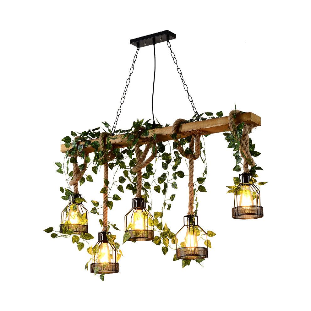 Qyron Chandelier Rustic Wooden Beam Rope Cage Cozy-Neutral Decor