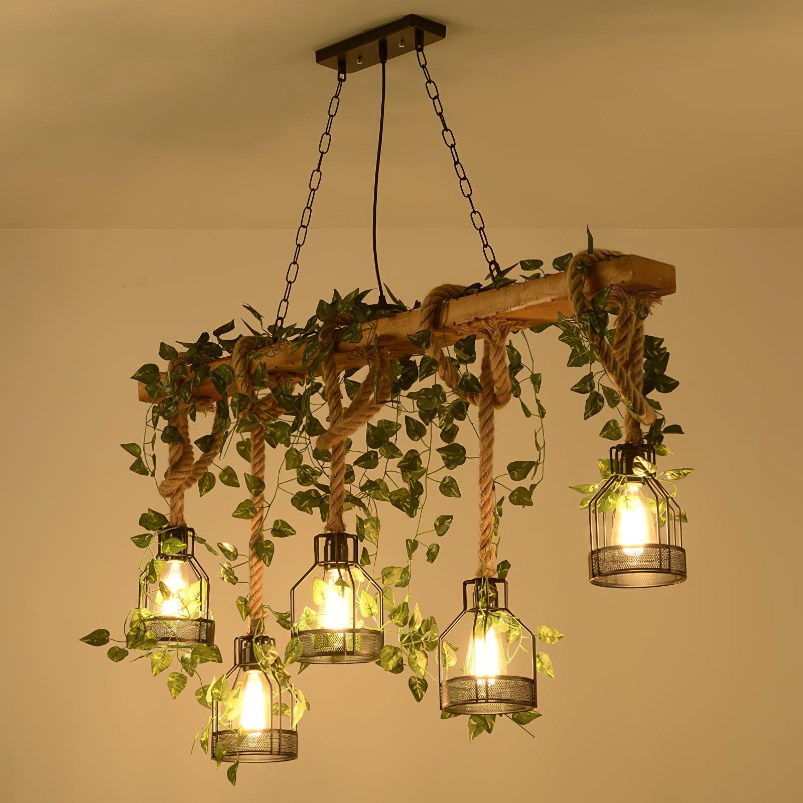 Qyron Chandelier Rustic Wooden Beam Rope Cage Cozy-Neutral Decor