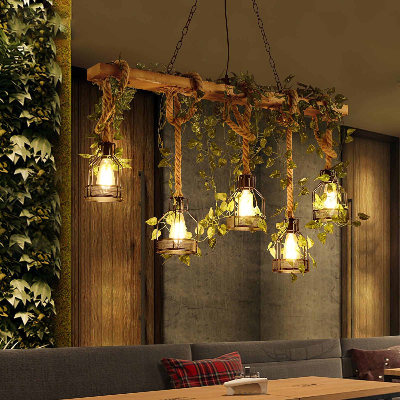 Qyron Chandelier Rustic Wooden Beam Rope Cage Cozy-Neutral Decor