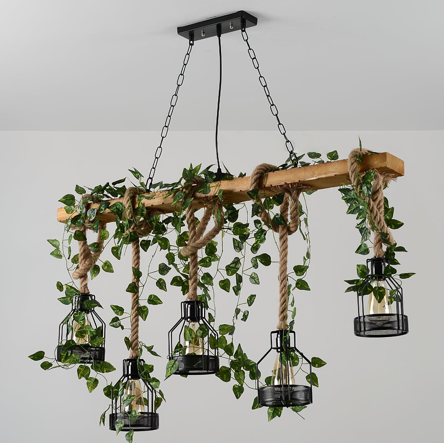 Qyron Chandelier Rustic Wooden Beam Rope Cage Cozy-Neutral Decor