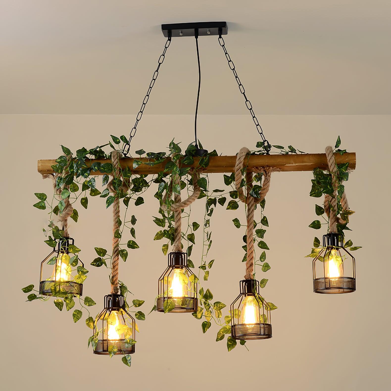 Qyron Chandelier Rustic Wooden Beam Rope Cage Cozy-Neutral Decor