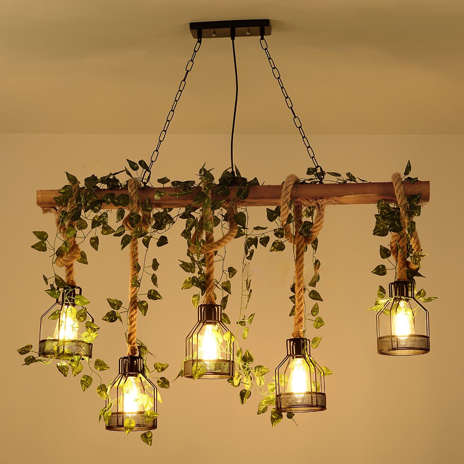 Qyron Chandelier Rustic Wooden Beam Rope Cage Cozy-Neutral Decor