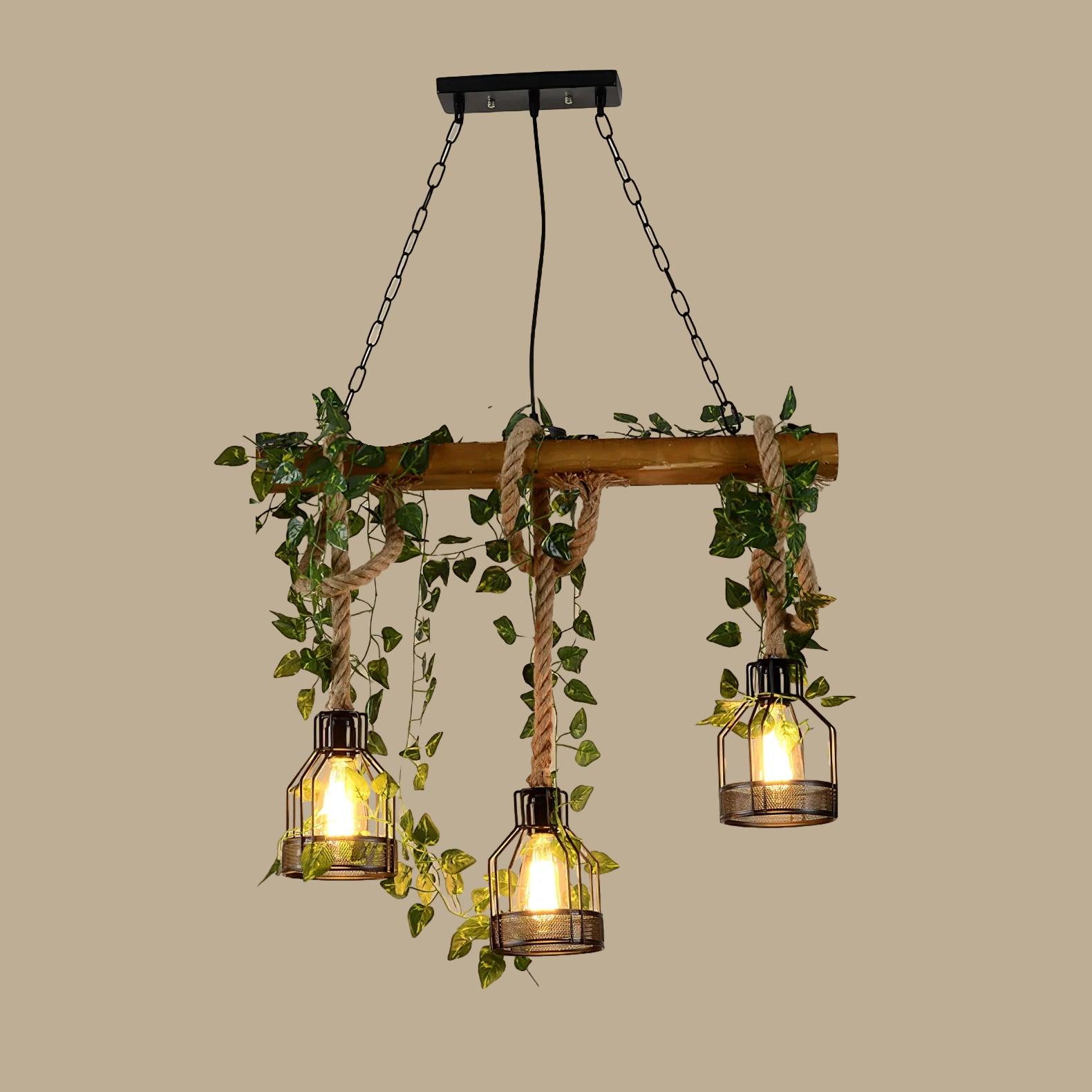 Qyron Chandelier Rustic Wooden Beam Rope Cage Cozy-Neutral Decor