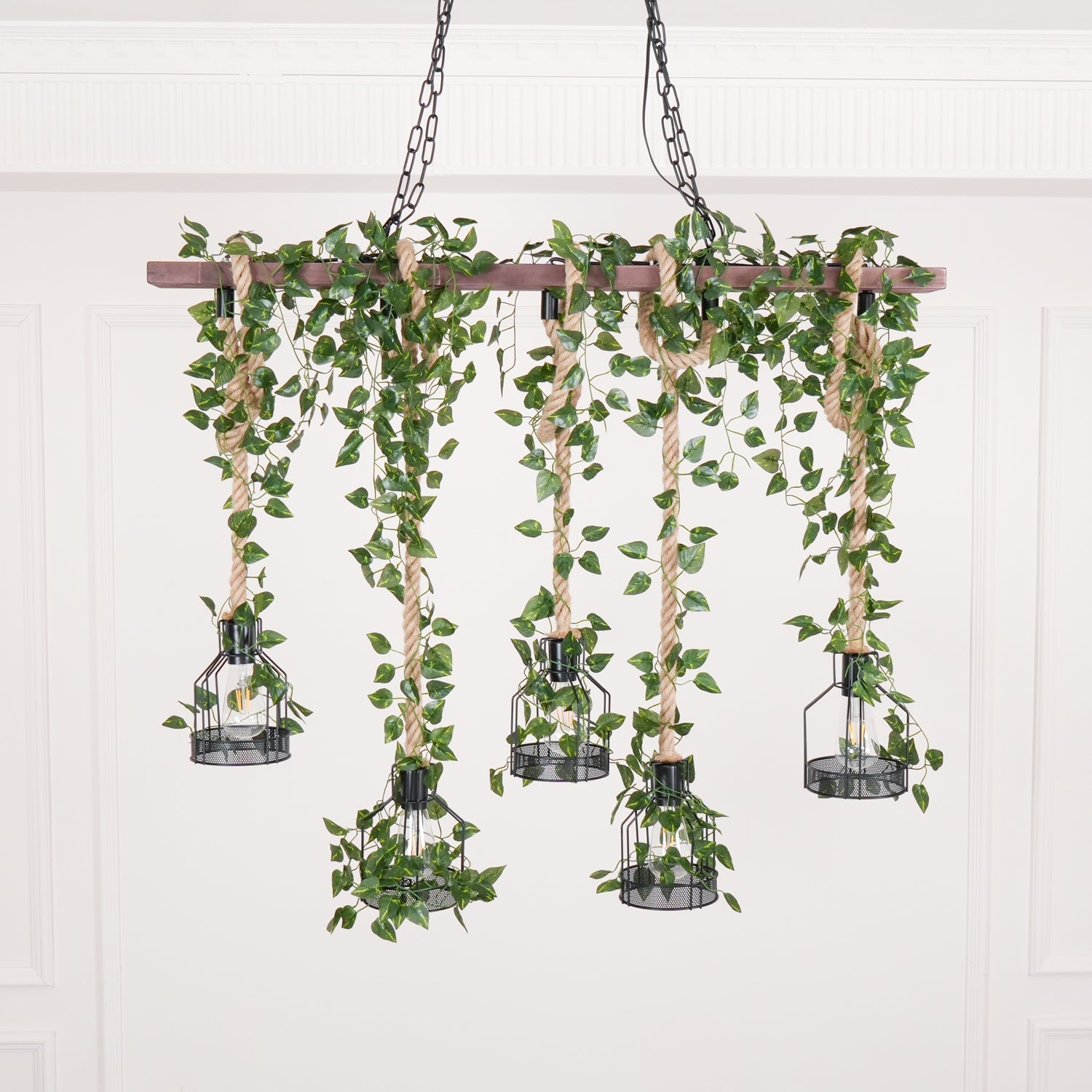 Qyron Chandelier Rustic Wooden Beam Rope Cage Cozy-Neutral Decor