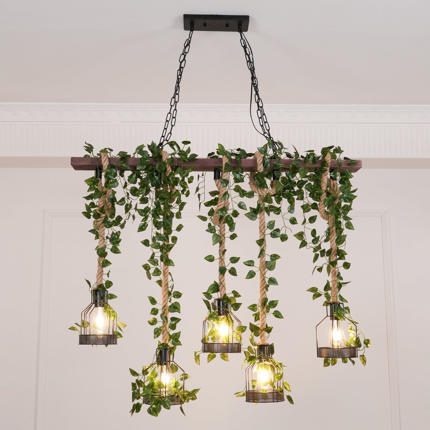 Qyron Chandelier Rustic Wooden Beam Rope Cage Cozy-Neutral Decor