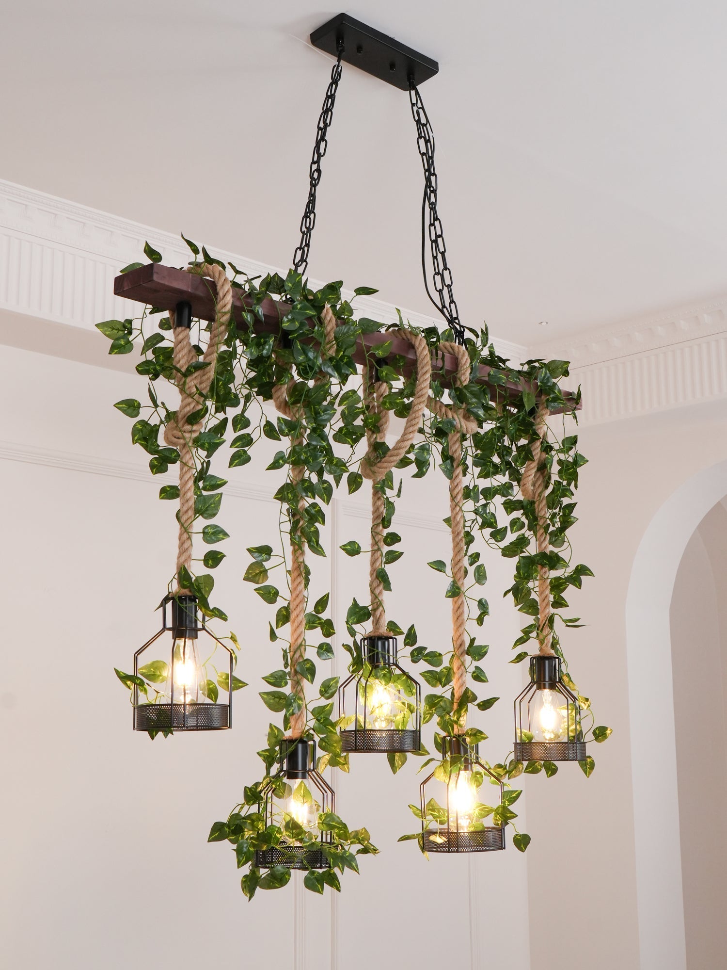 Qyron Chandelier Rustic Wooden Beam Rope Cage Cozy-Neutral Decor