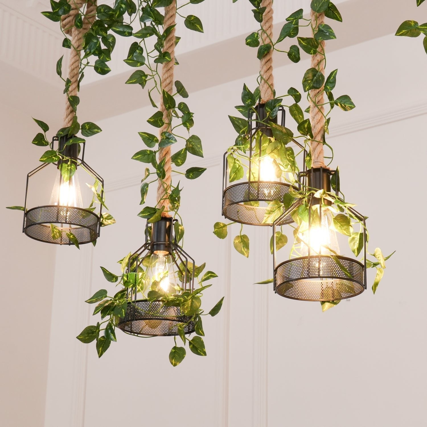 Qyron Chandelier Rustic Wooden Beam Rope Cage Cozy-Neutral Decor