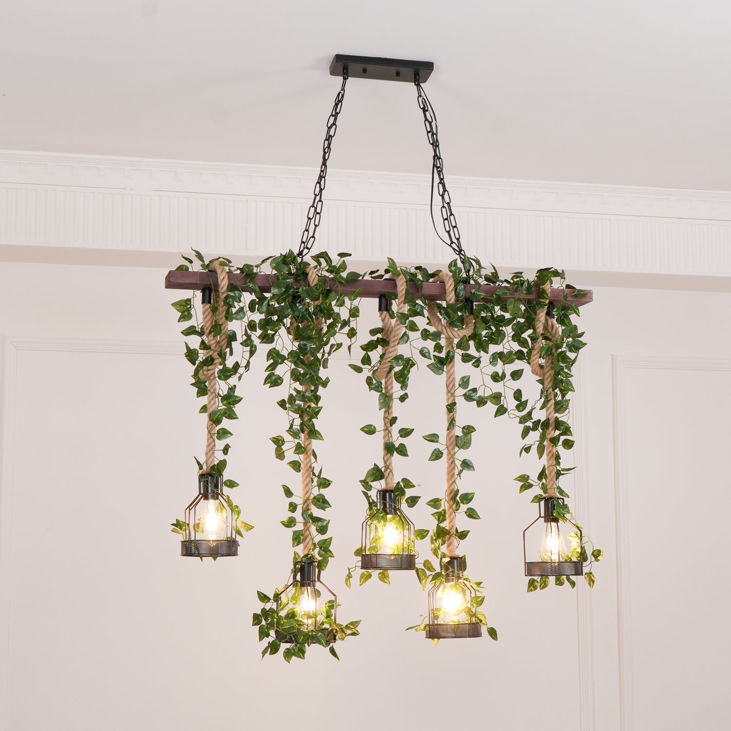 Qyron Chandelier Rustic Wooden Beam Rope Cage Cozy-Neutral Decor