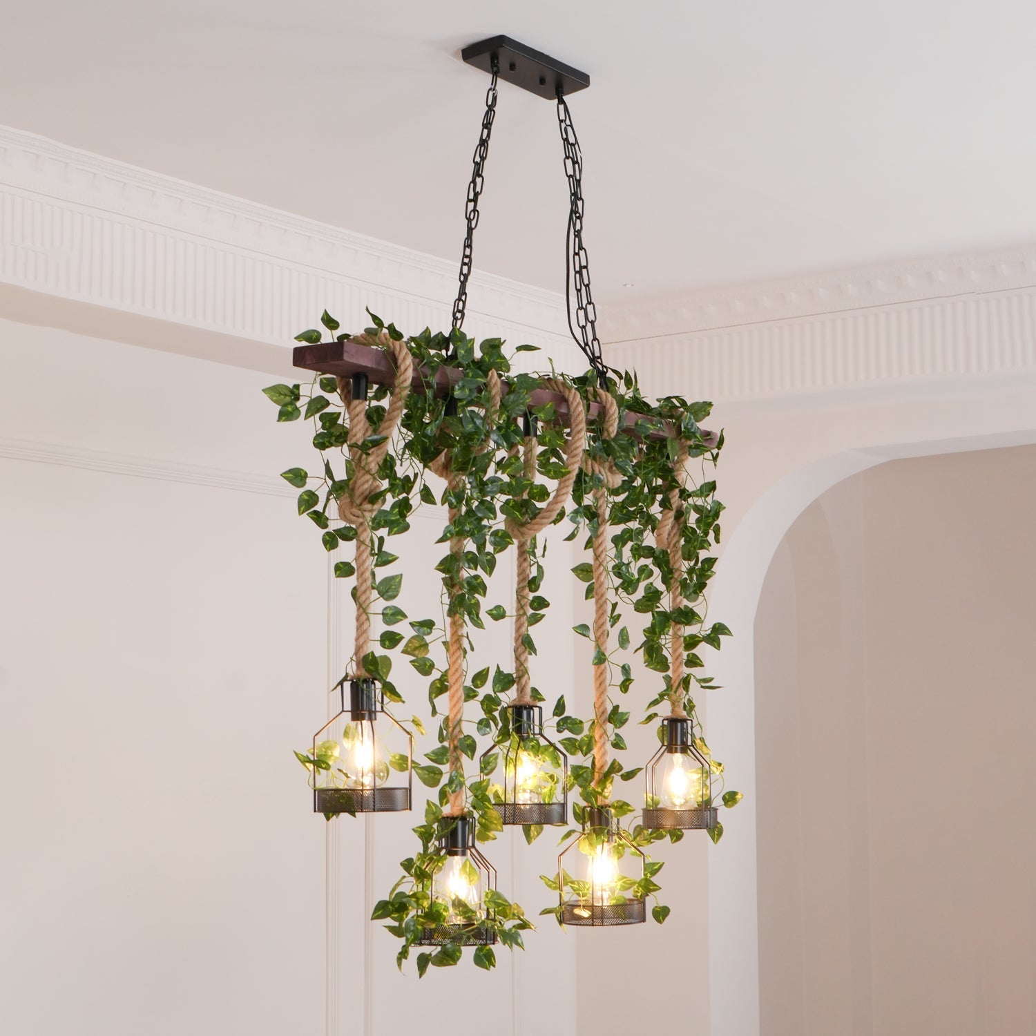 Qyron Chandelier Rustic Wooden Beam Rope Cage Cozy-Neutral Decor