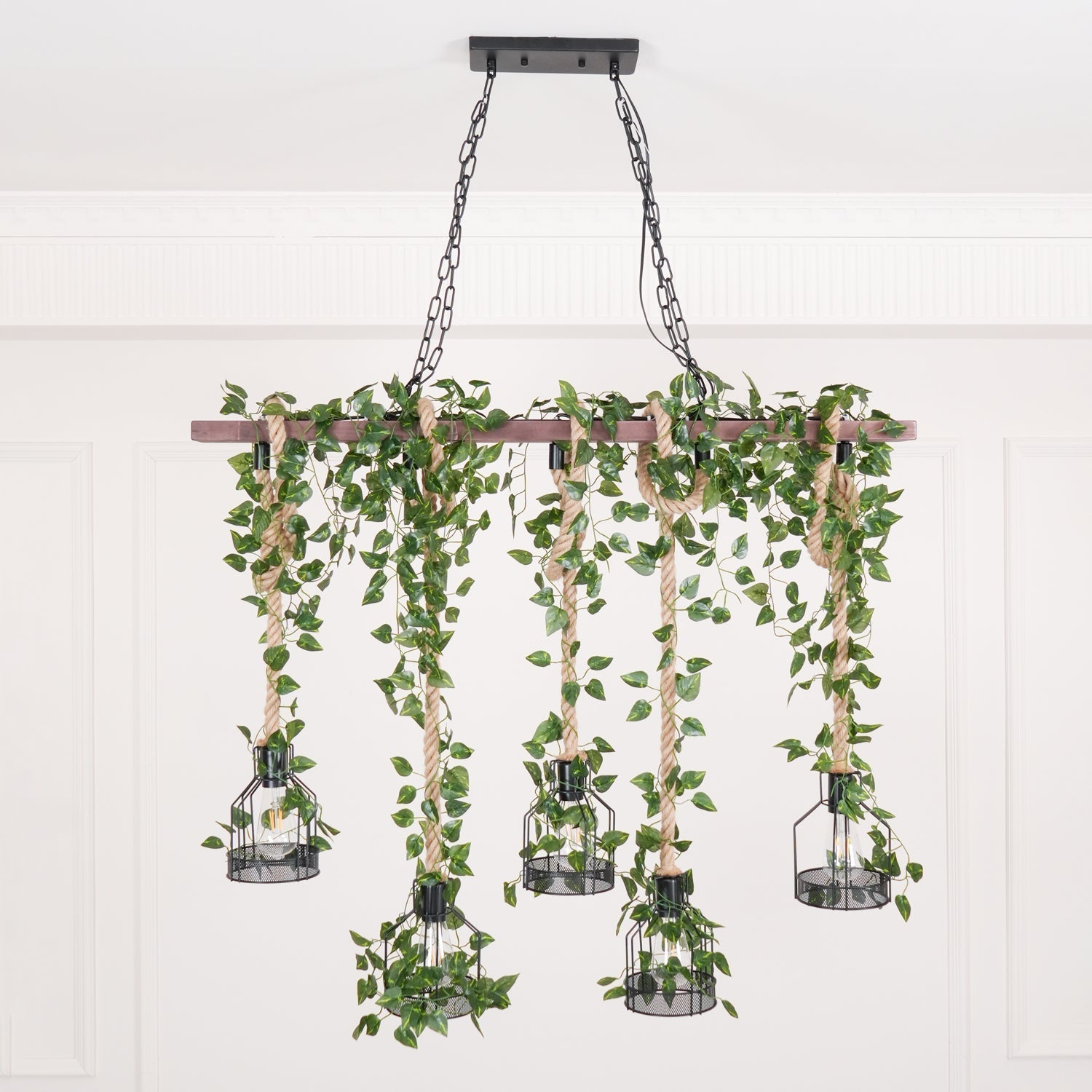 Qyron Chandelier Rustic Wooden Beam Rope Cage Cozy-Neutral Decor