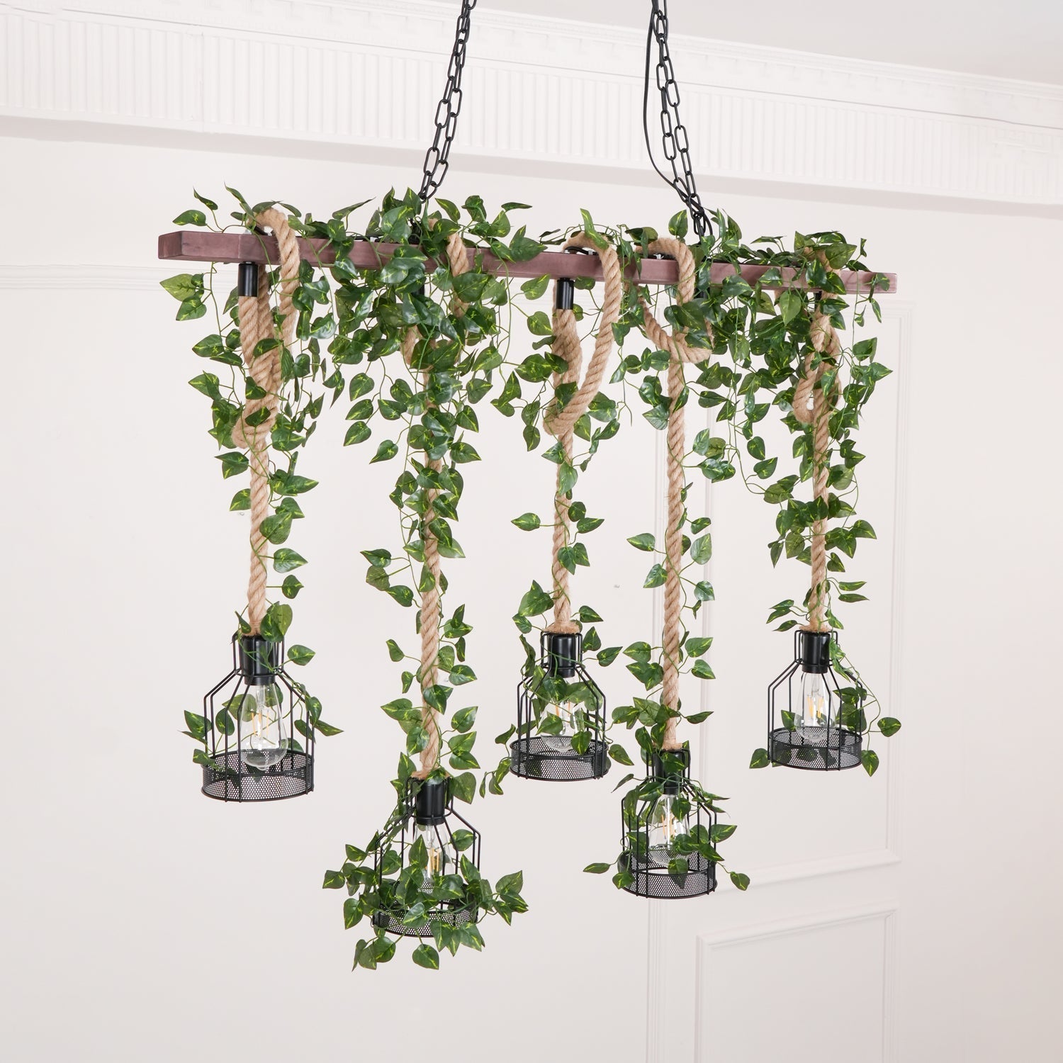 Qyron Chandelier Rustic Wooden Beam Rope Cage Cozy-Neutral Decor