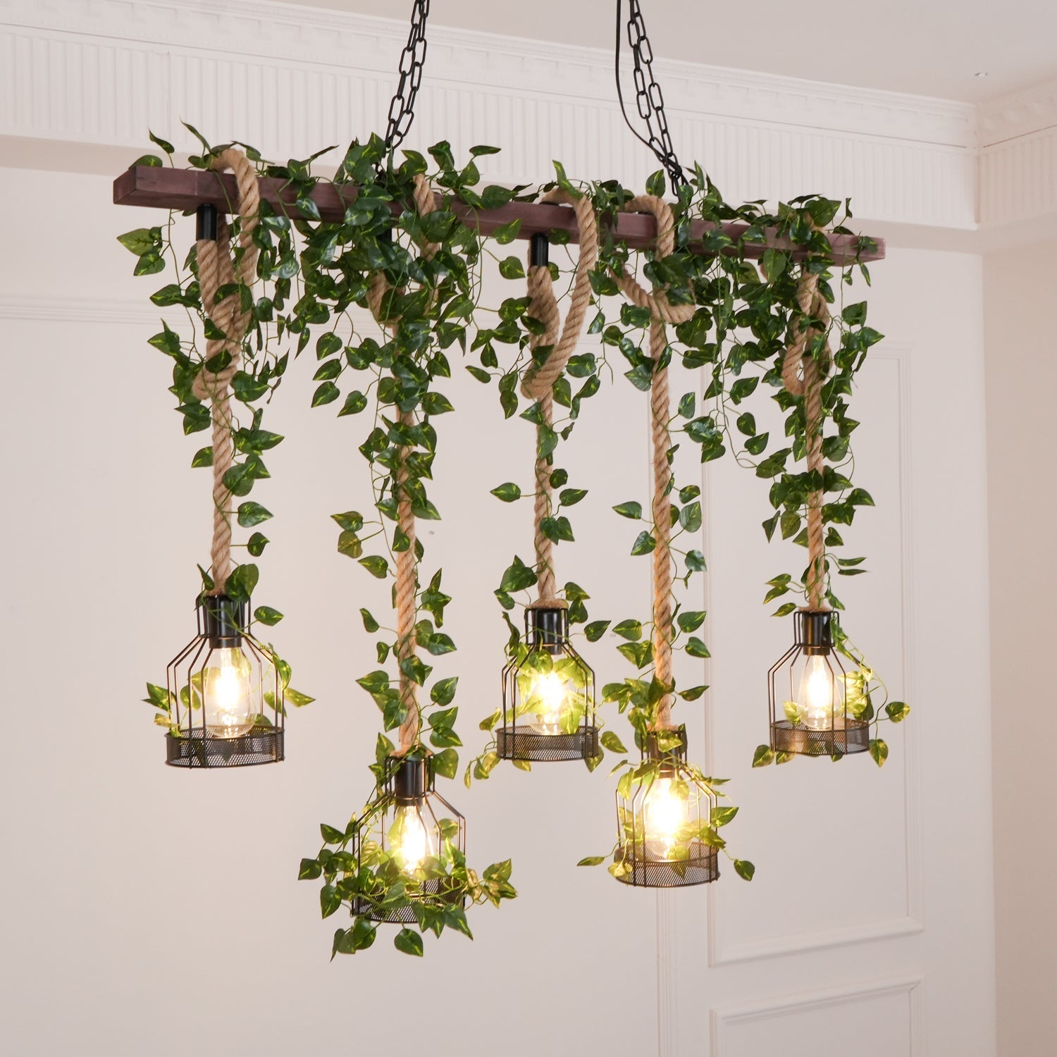Qyron Chandelier Rustic Wooden Beam Rope Cage Cozy-Neutral Decor
