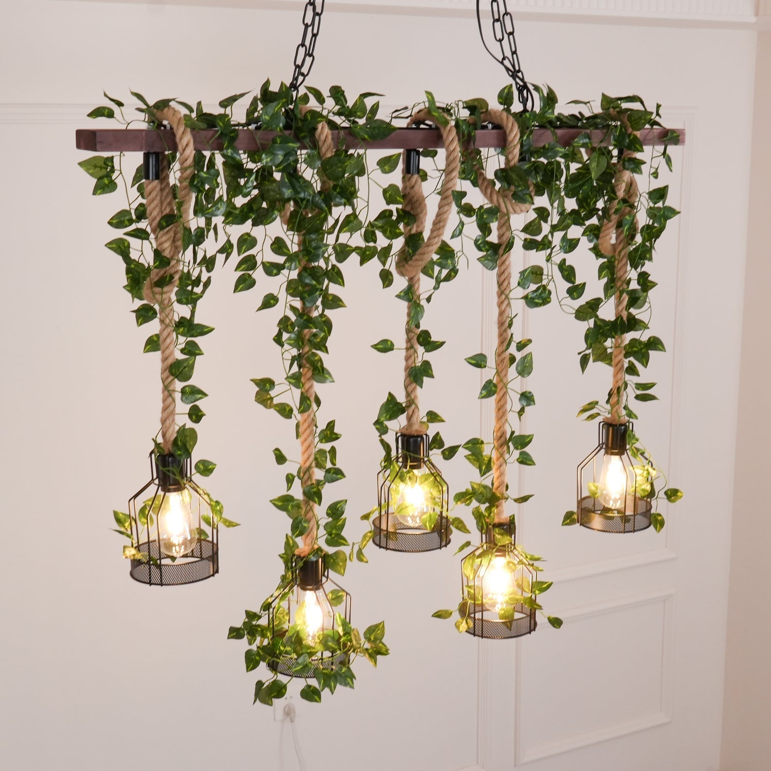 Qyron Chandelier Rustic Wooden Beam Rope Cage Cozy-Neutral Decor