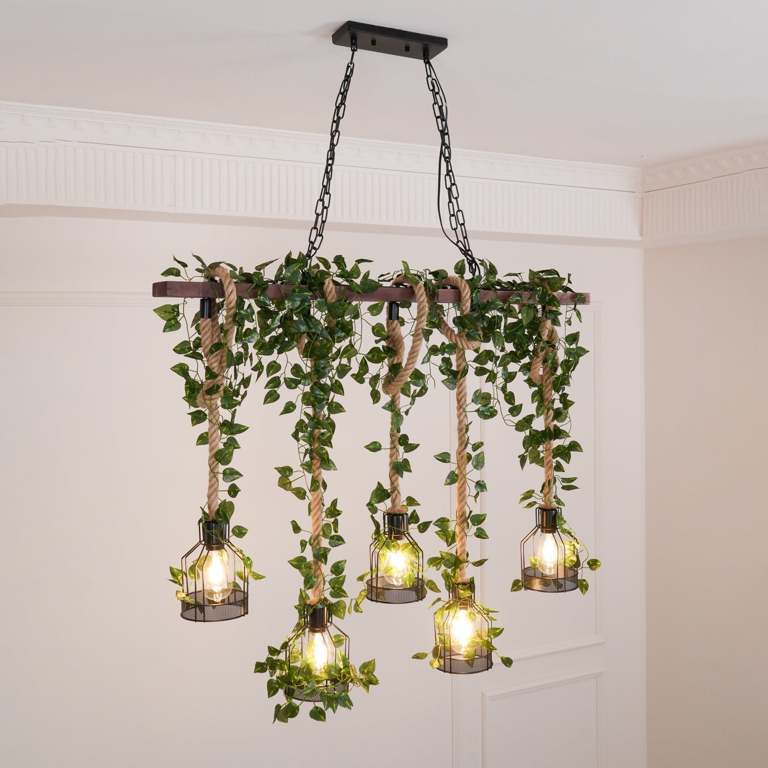 Qyron Chandelier Rustic Wooden Beam Rope Cage Cozy-Neutral Decor