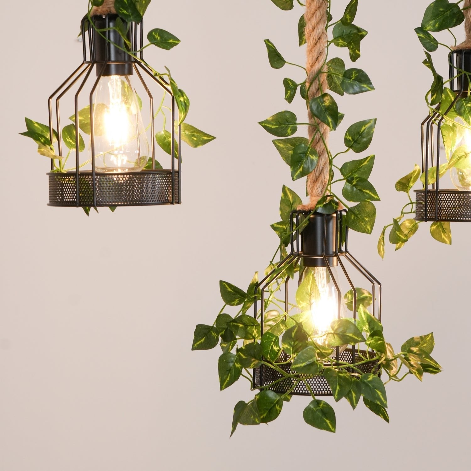 Qyron Chandelier Rustic Wooden Beam Rope Cage Cozy-Neutral Decor