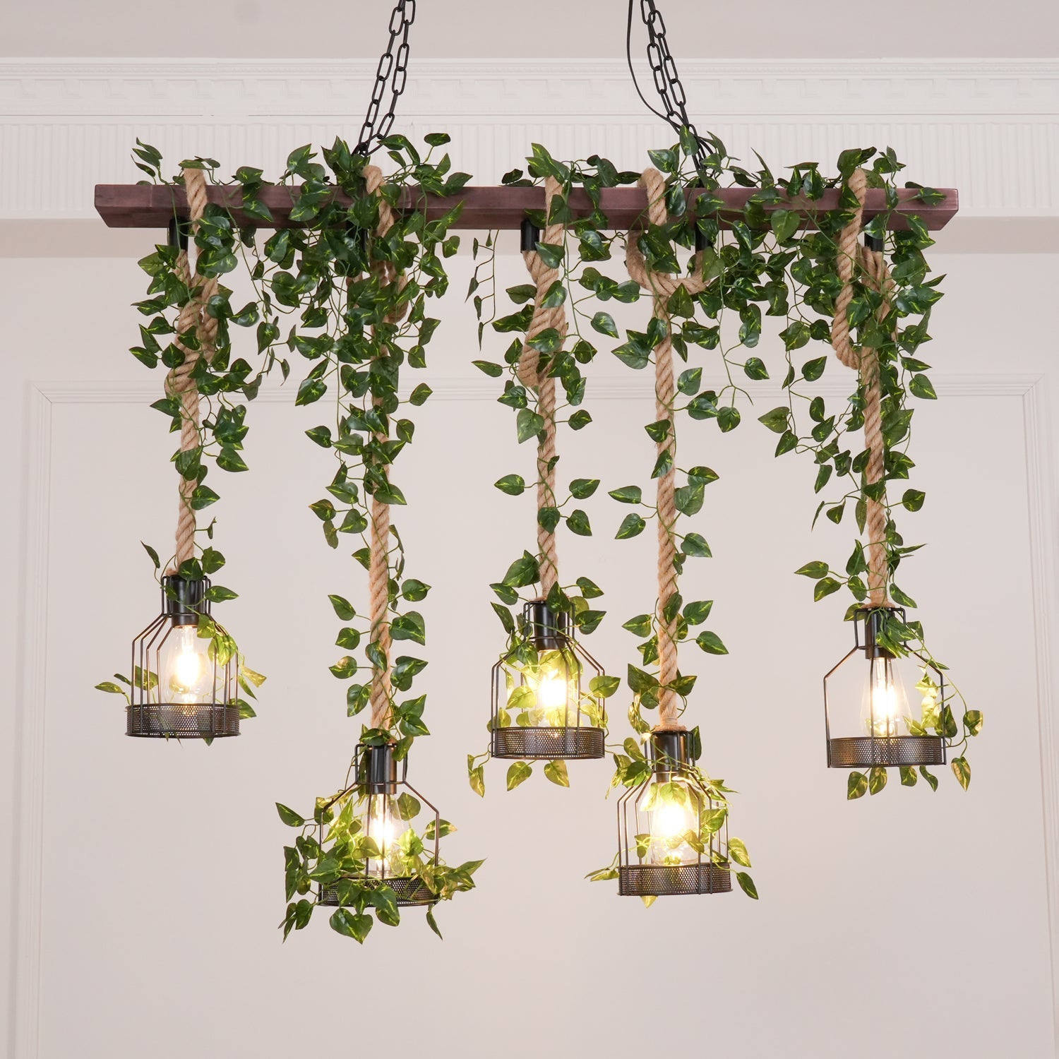 Qyron Chandelier Rustic Wooden Beam Rope Cage Cozy-Neutral Decor