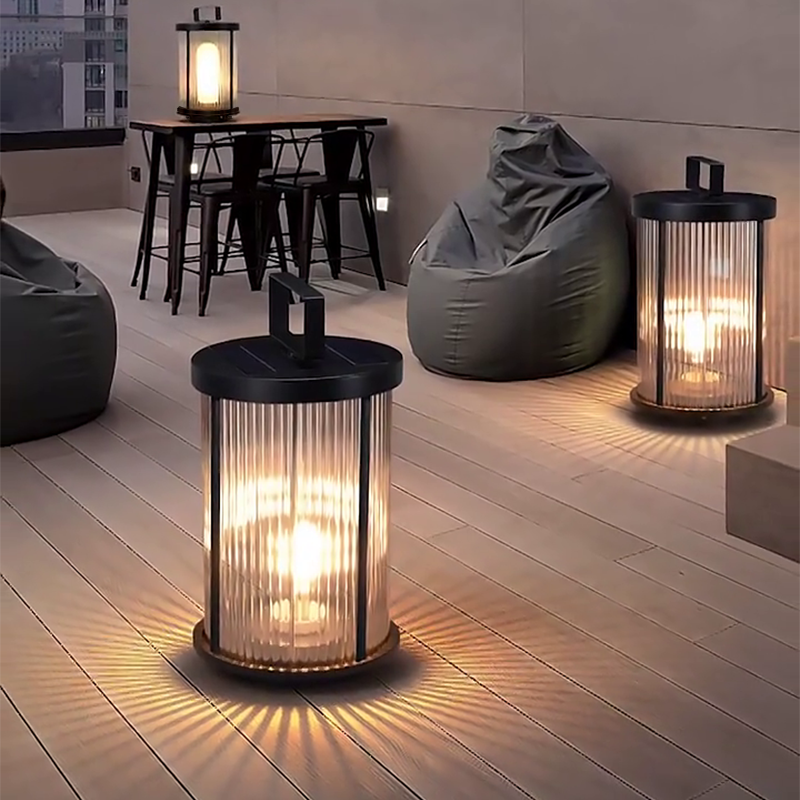 Melissa Striped Cylindrical Portable Glass Outdoor Lanterns