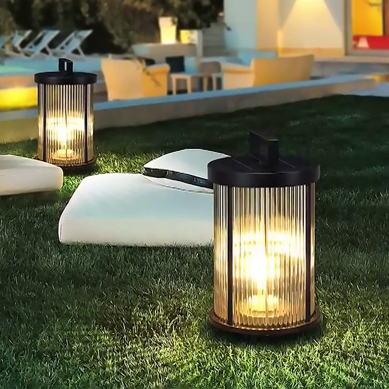 Melissa Striped Cylindrical Portable Glass Outdoor Lanterns