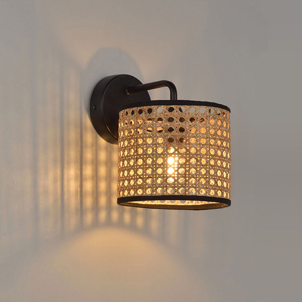 Muto Rustic Cylindrical Rattan/Metal Wall Lamp, Brown - Neutral Decor
