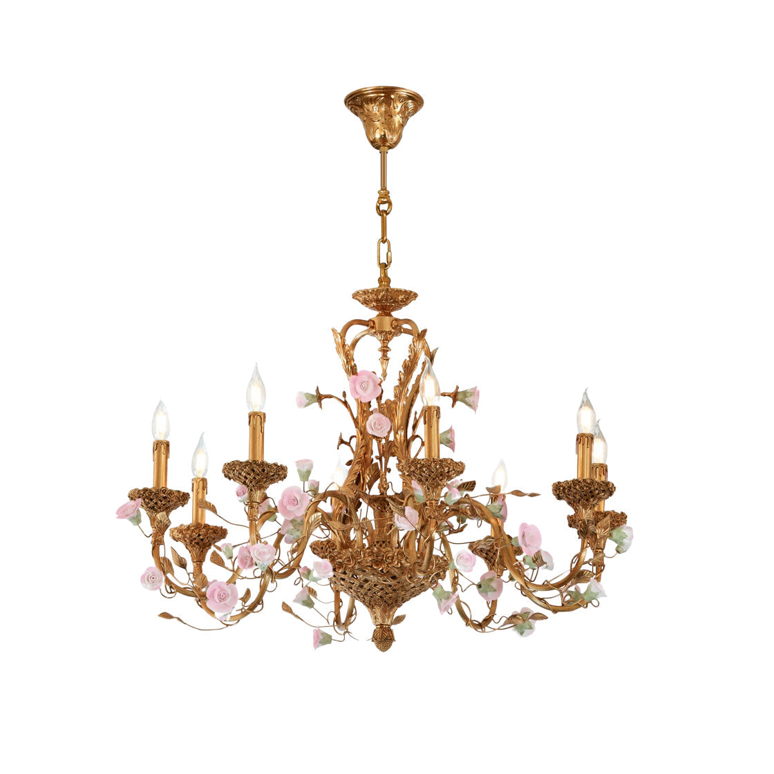 Sabine Flowers Chandelier hanging in a romantic bedroom.