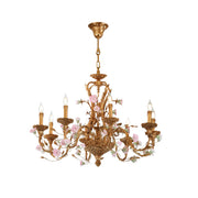 Sabine Flowers Chandelier hanging in a romantic bedroom.