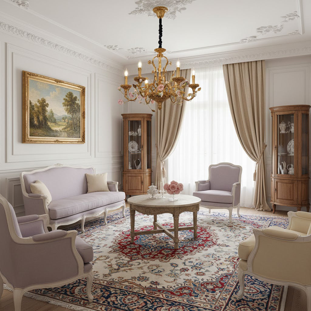 Angled view of the chandelier highlighting its Rococo silhouette.