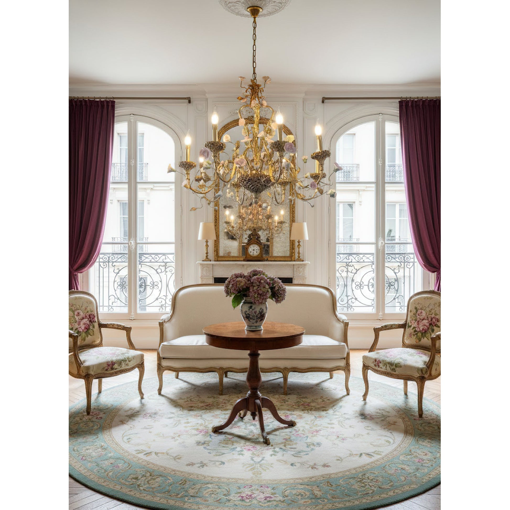 The Sabine Chandelier illuminated over a French Country dining table.
