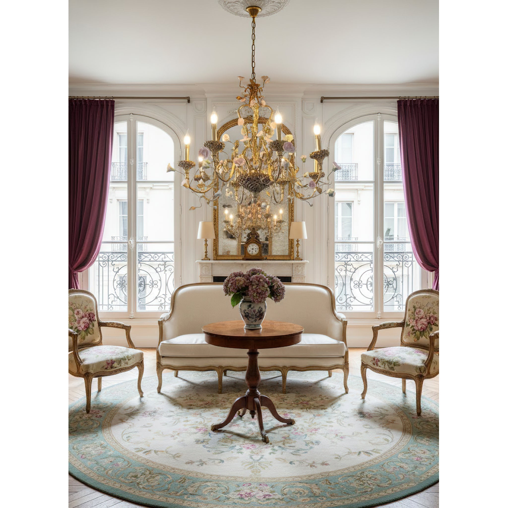 The Sabine Chandelier illuminated over a French Country dining table.