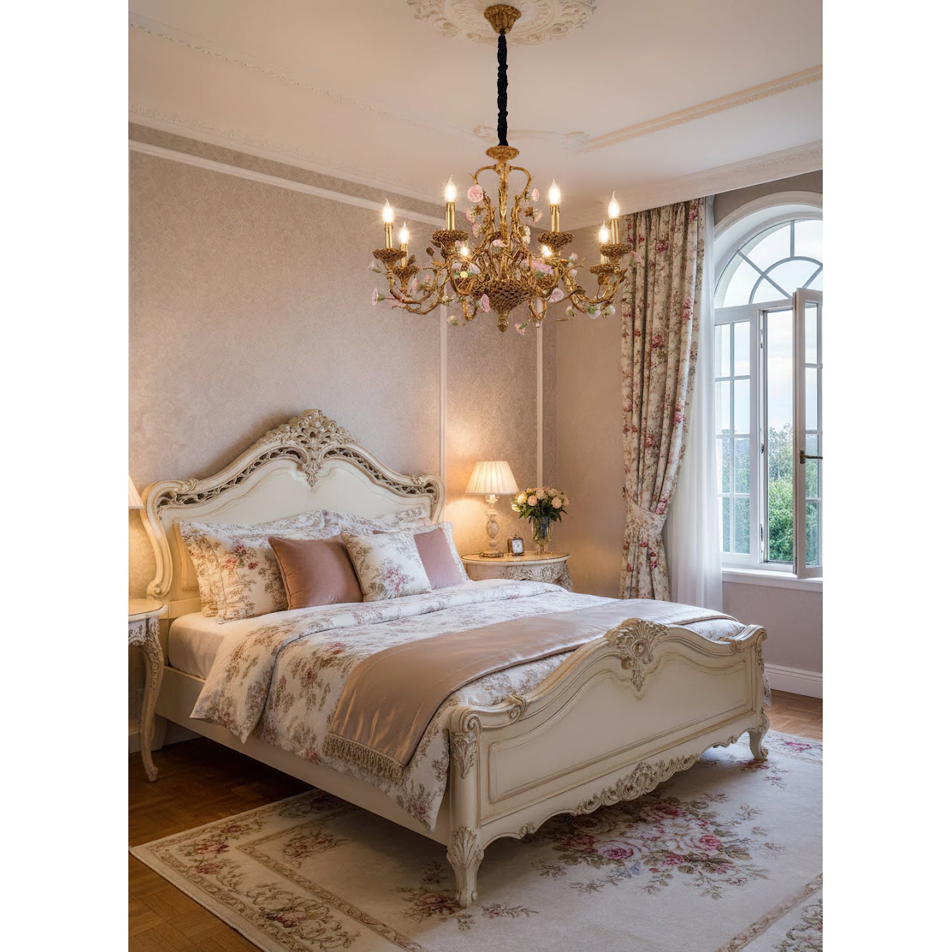 The chandelier adding a touch of romance to a dressing room.