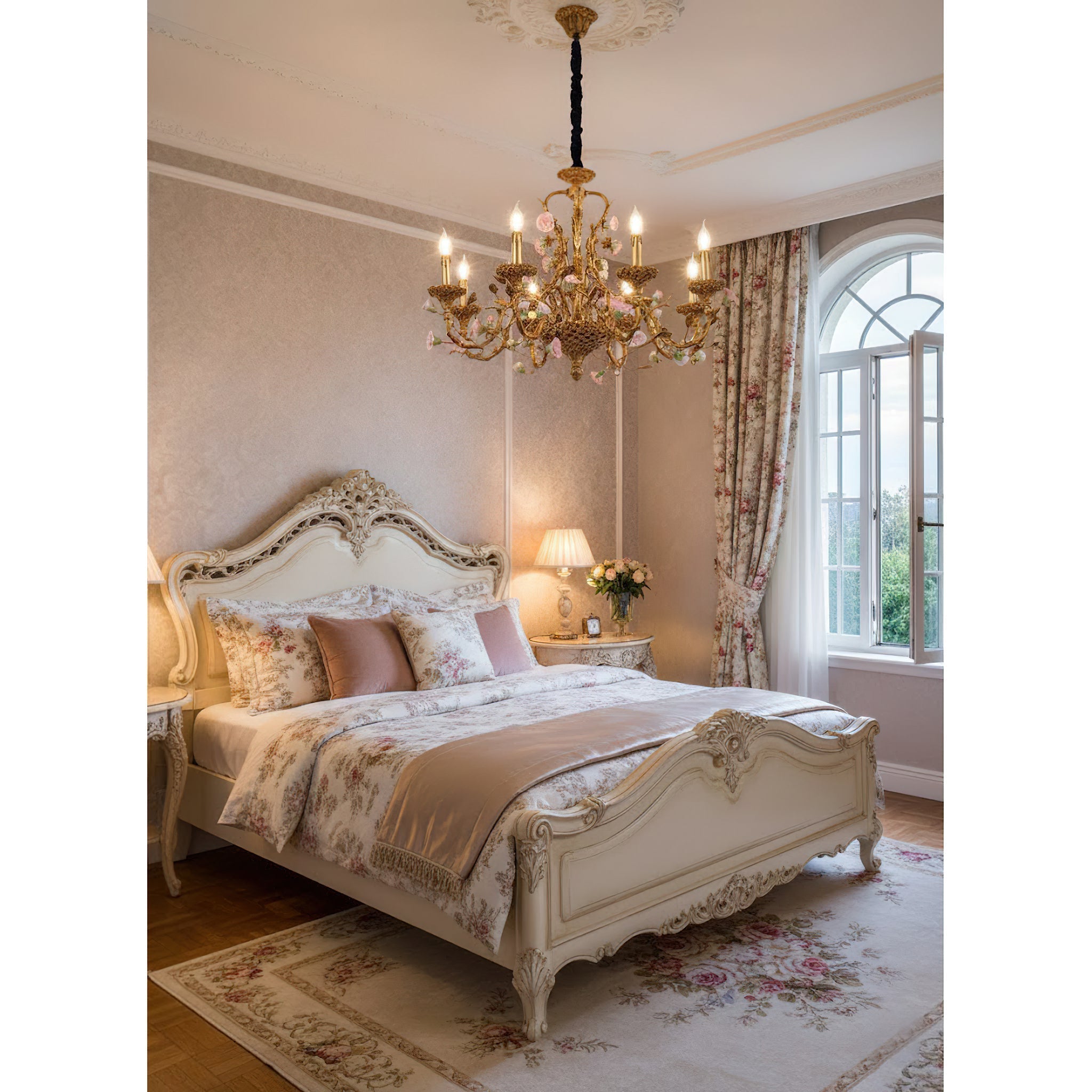 The chandelier adding a touch of romance to a dressing room.