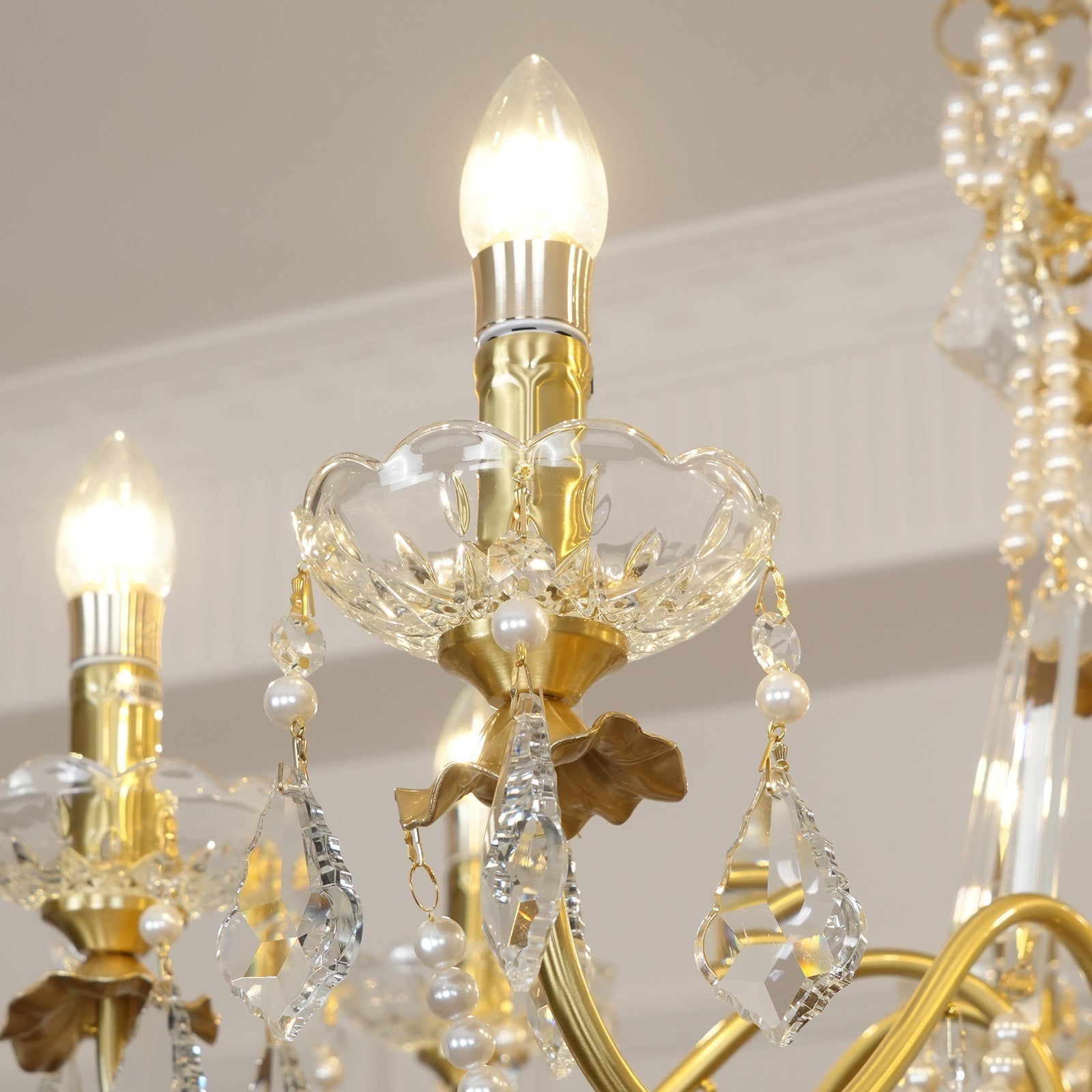 Chandelier Brass Body Crystal Pearl Drops Vintage Elegance