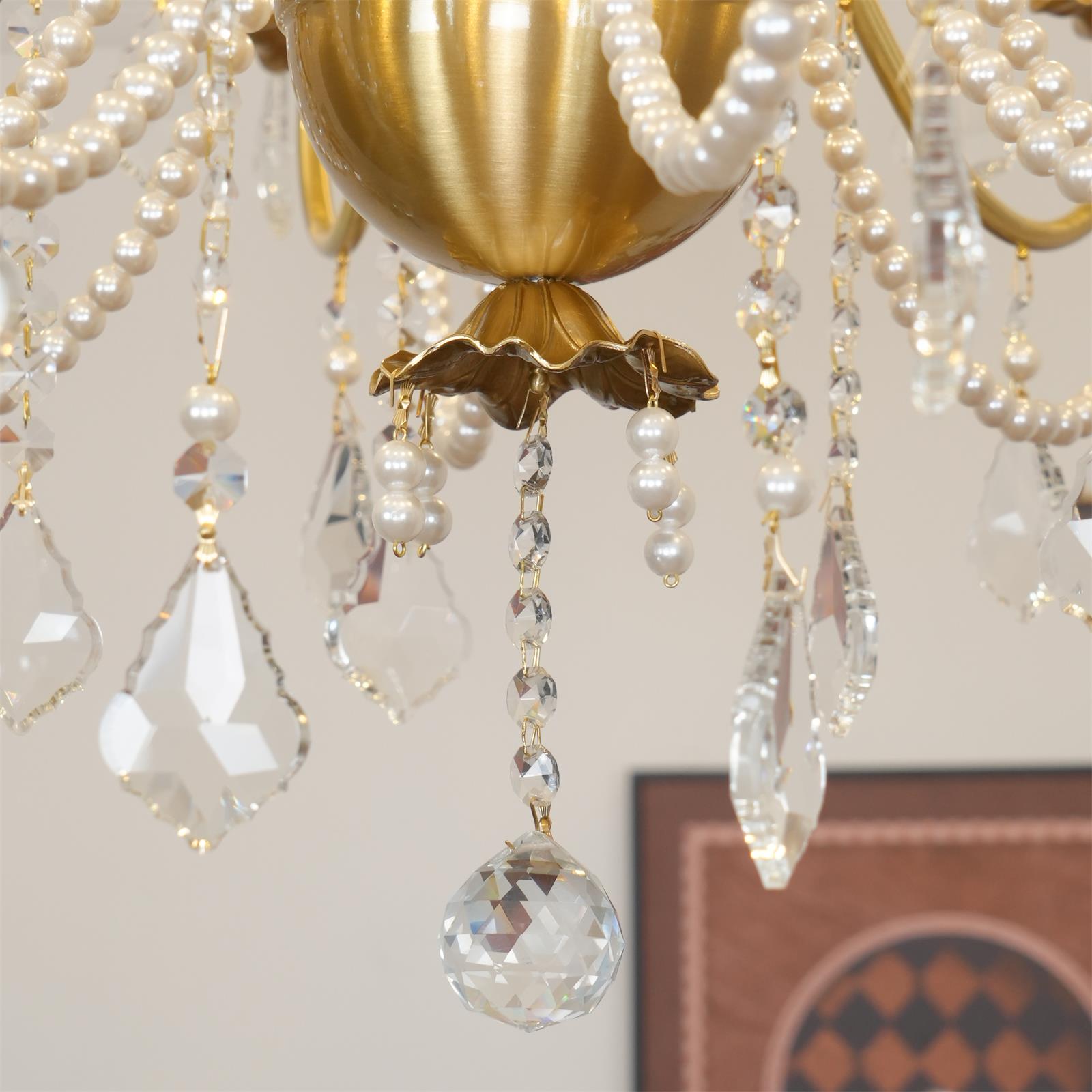 Chandelier Brass Body Crystal Pearl Drops Vintage Elegance