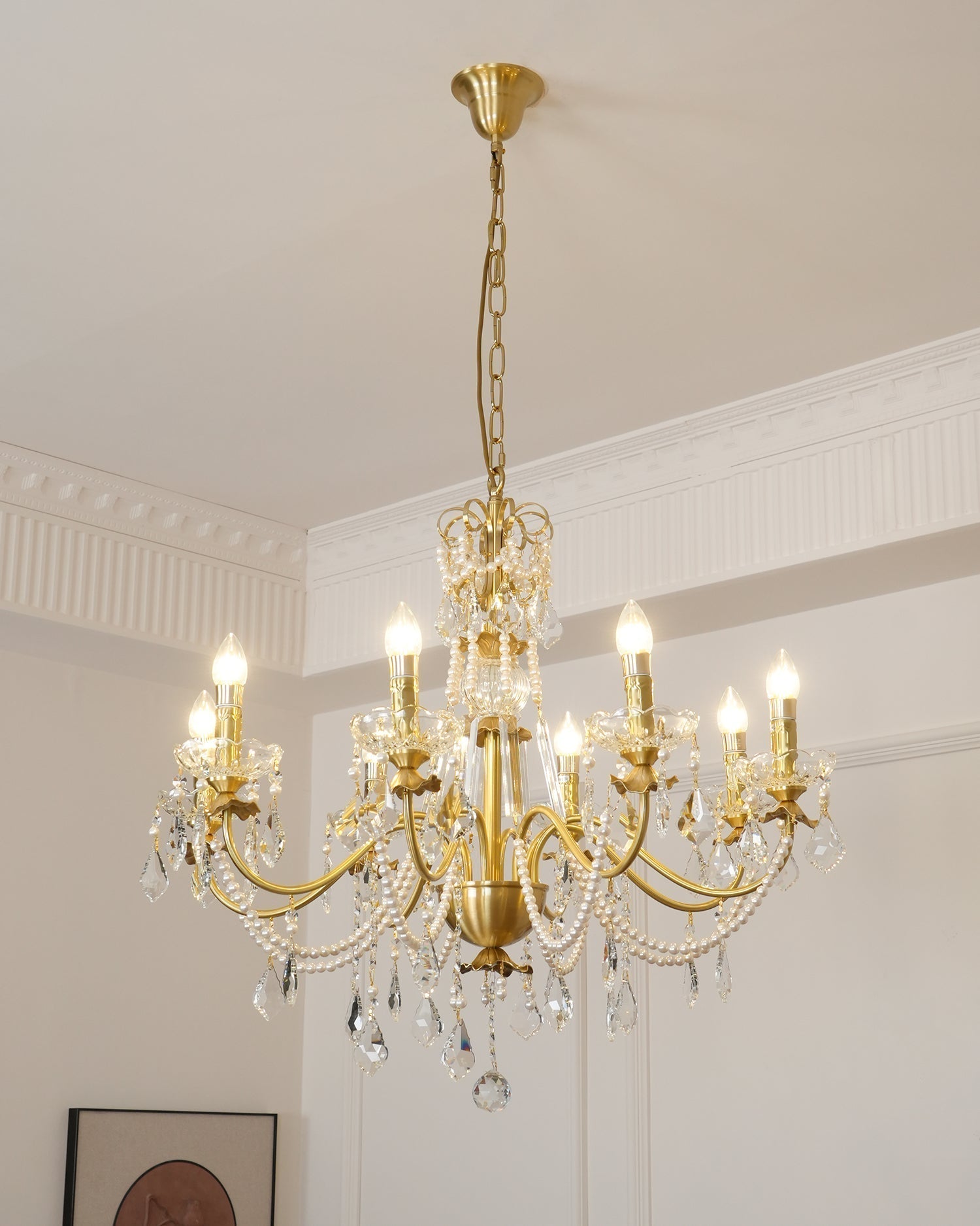 Chandelier Brass Body Crystal Pearl Drops Vintage Elegance
