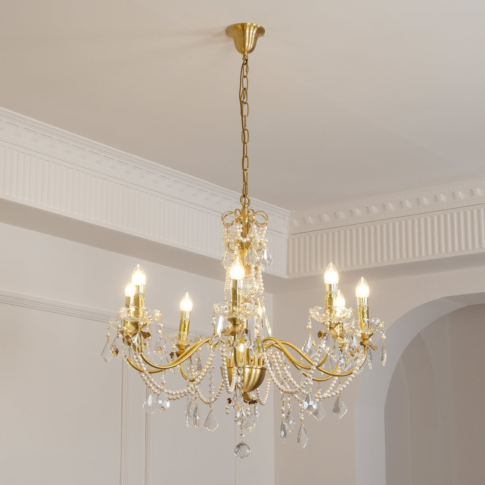 Chandelier Brass Body Crystal Pearl Drops Vintage Elegance