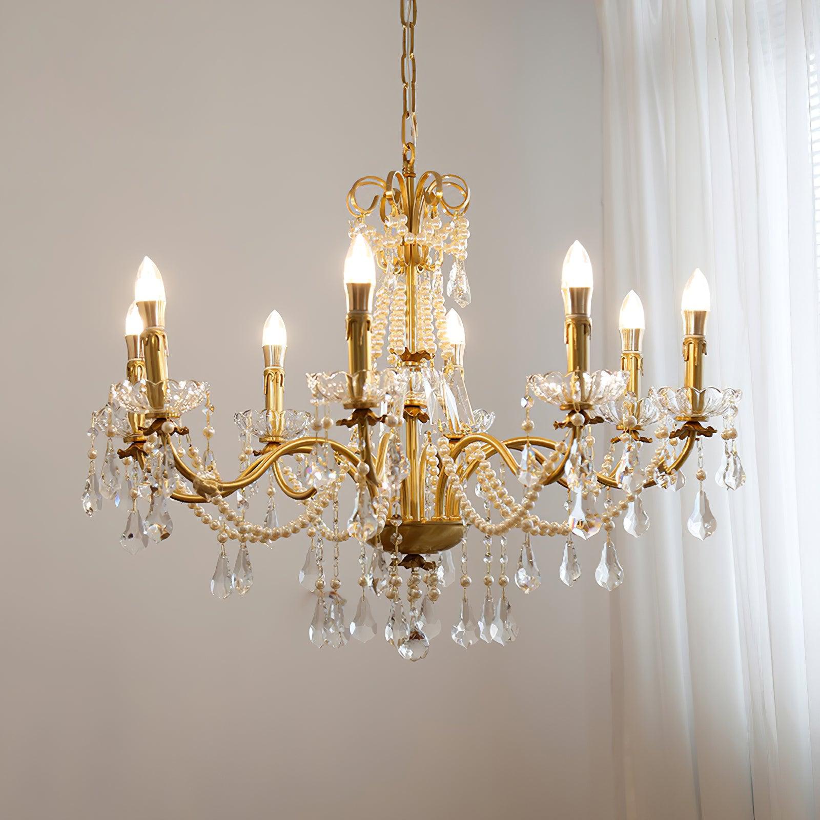 Chandelier Brass Body Crystal Pearl Drops Vintage Elegance