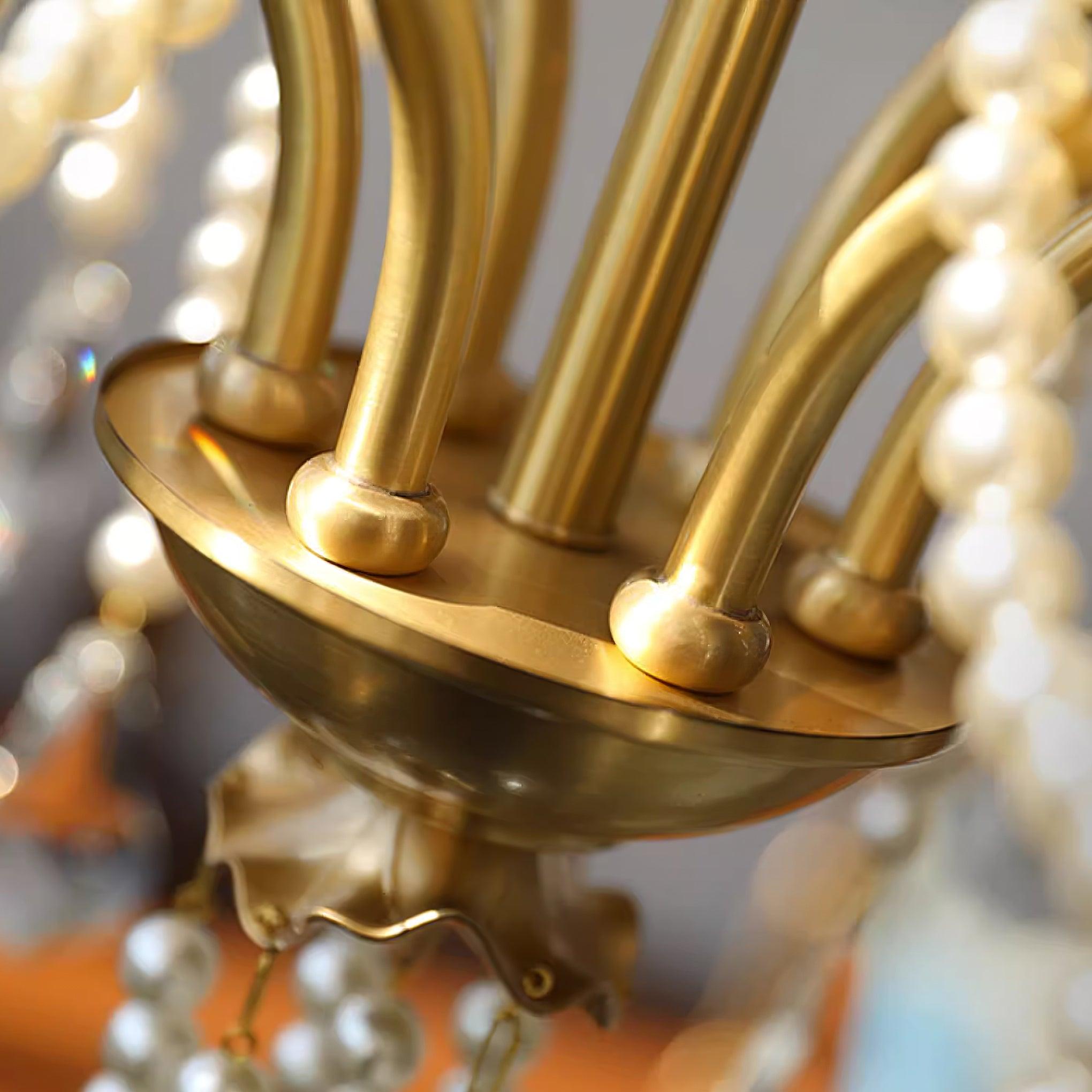 Chandelier Brass Body Crystal Pearl Drops Vintage Elegance