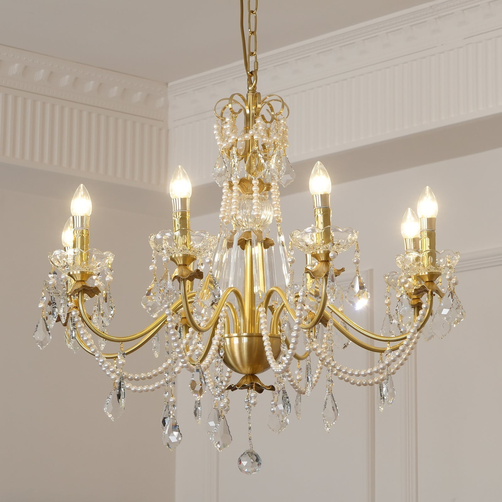 Chandelier Brass Body Crystal Pearl Drops Vintage Elegance