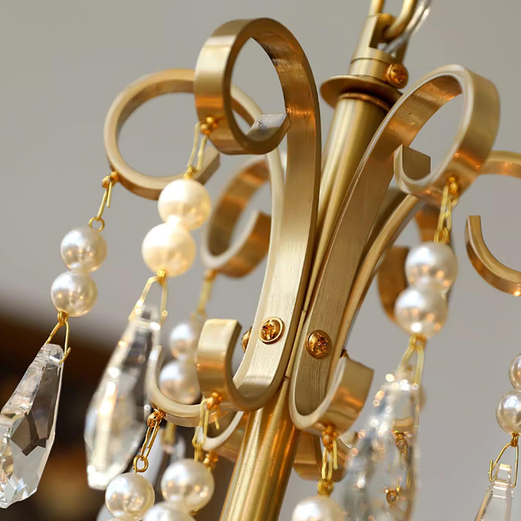 Chandelier Brass Body Crystal Pearl Drops Vintage Elegance