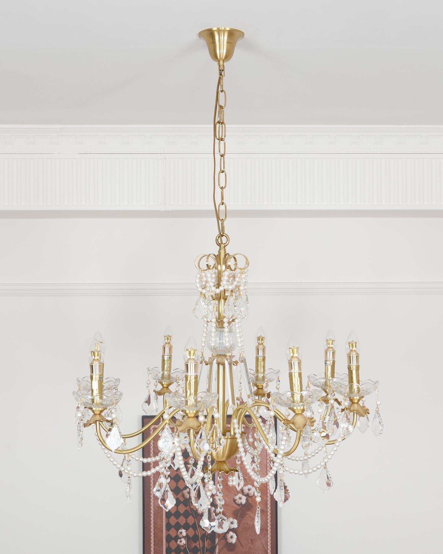 Chandelier Brass Body Crystal Pearl Drops Vintage Elegance